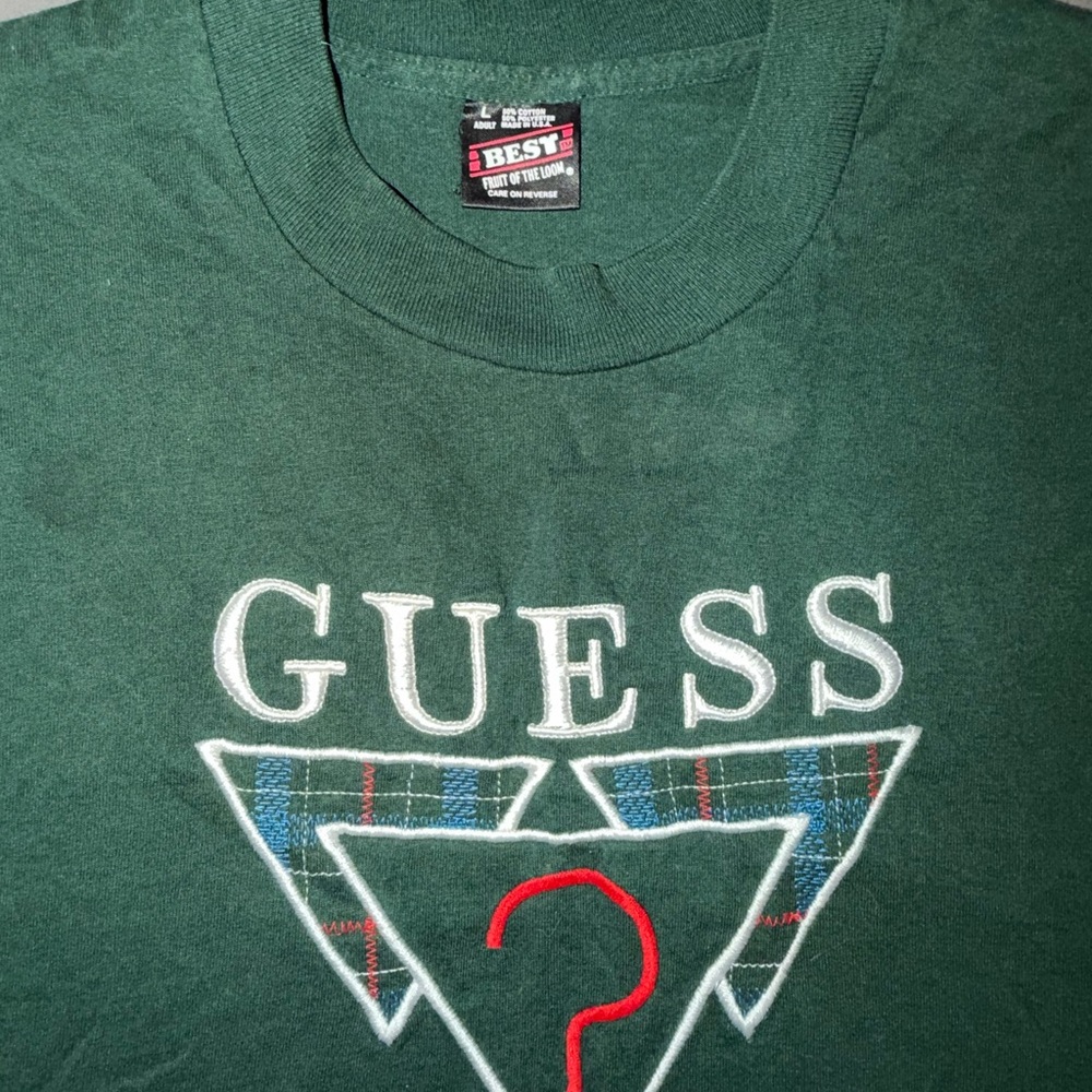 Guess Men's Dark Green Logo Tee with Embroidered Plaid Accent